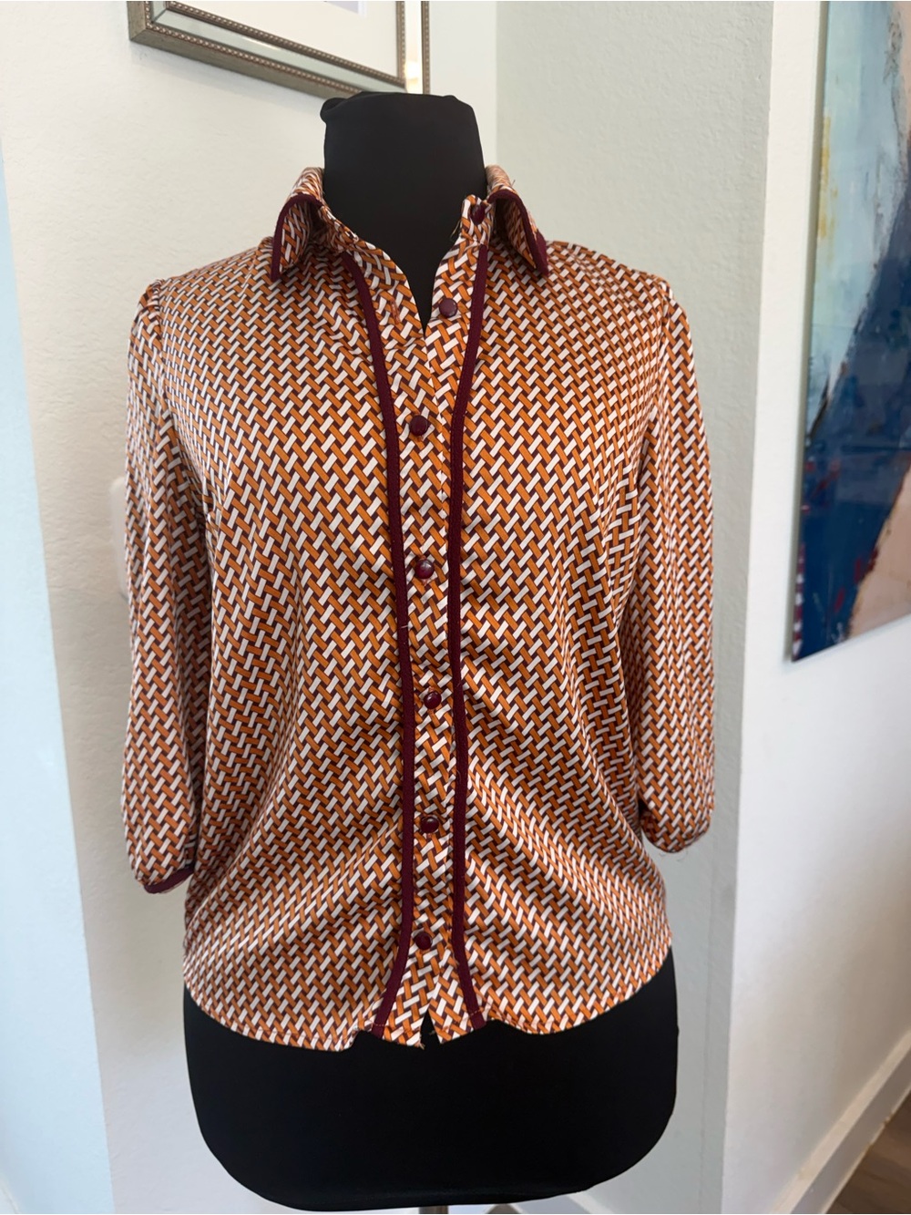 Women's Patterned Button-Down Shirt in Rust and White with Burgundy Trim